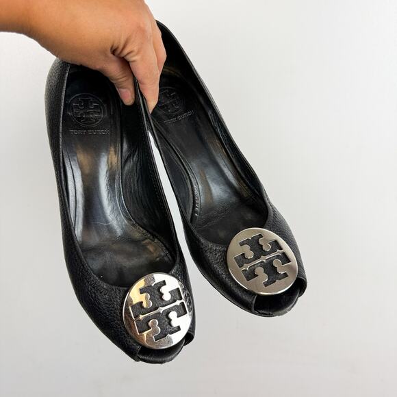 Tory Burch Sally Wedge Heels Peep Toe Black Silver - 9.5 - Picture 2 of 10